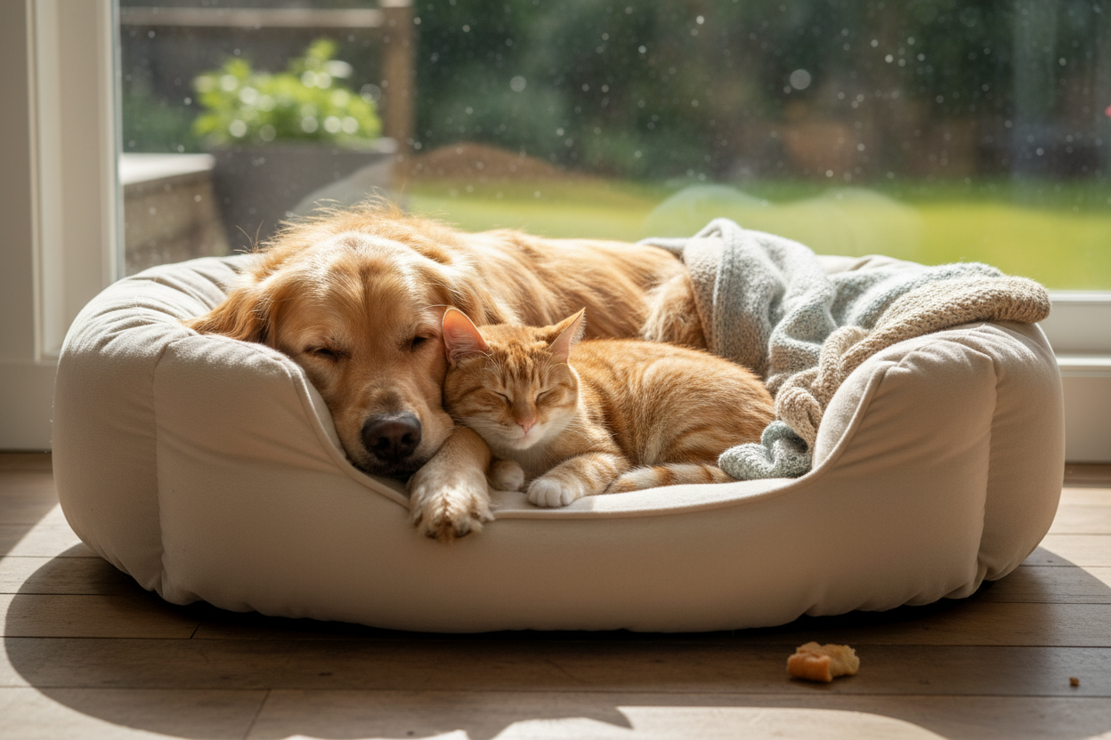 cat and dog in pet bed